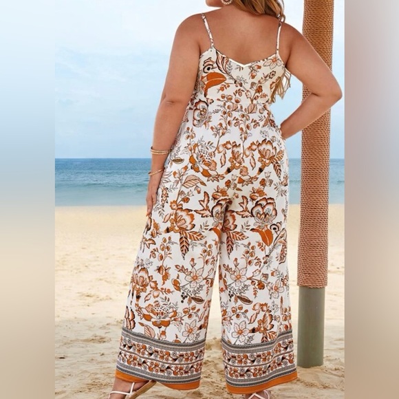 Bohemian Boho Plus Size Floral Paisley Pockets Wide Leg Pants Jumpsuit - Picture 6 of 11